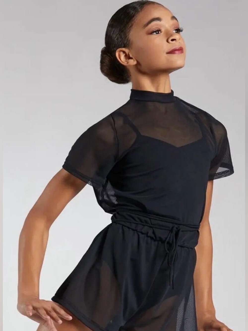 Small adult balera Black Sheer Mock Neck Dance Romper. Contemporary.